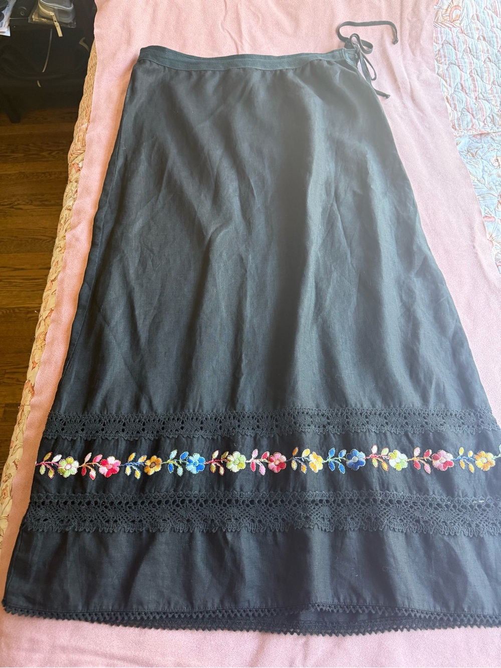 Jonny Was Black Midi Skirt with Colorful Floral Embroidery